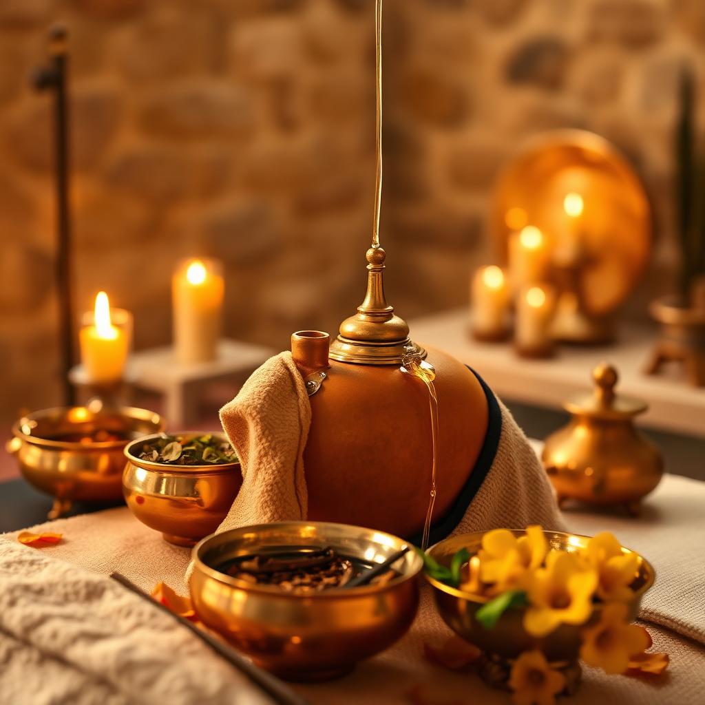 Ayurveda Ritual mit goldenem Öl und Kräutern