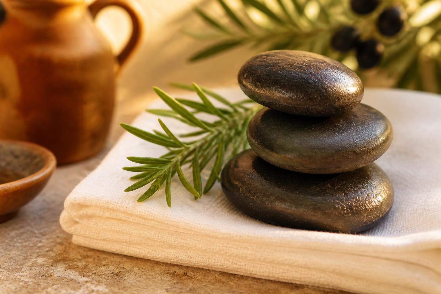 Warme Massage-Steine auf Leinen