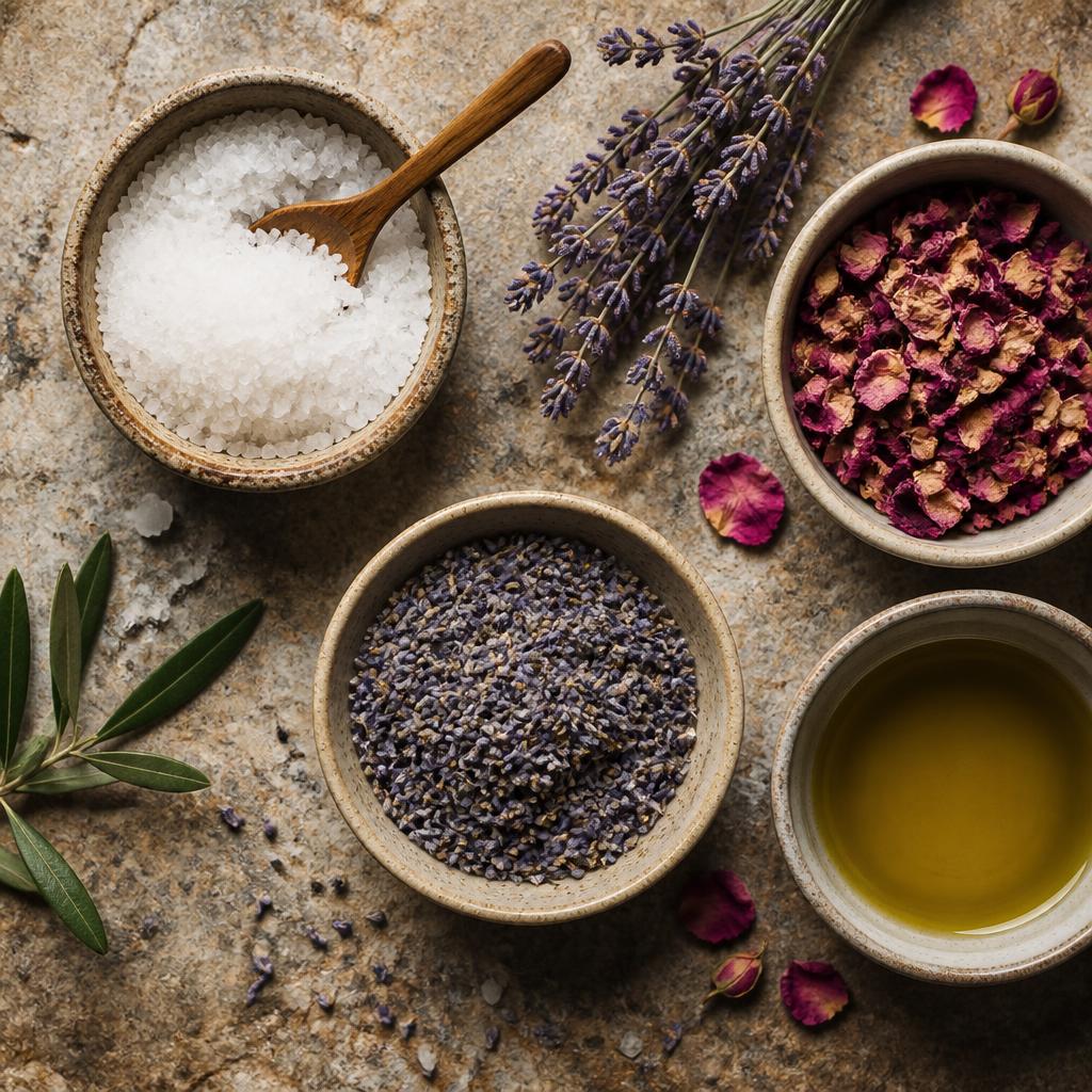 Natürliche Spa-Zutaten: Salz, Lavendel, Rosen, Olivenöl