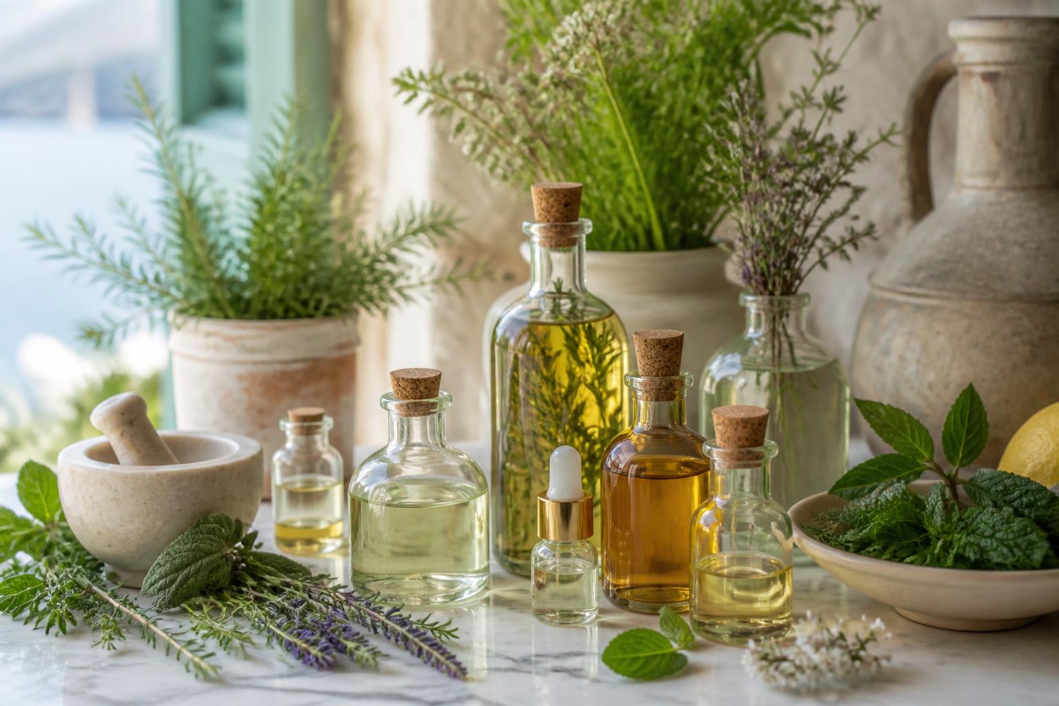 Ätherische Öle und Kräuter auf Marmor